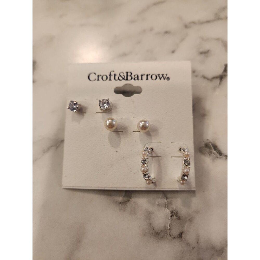 Croft & Barrow Trio Earring Set Silver Tone Faux Pearl & Rhinestone Studs & Hoop